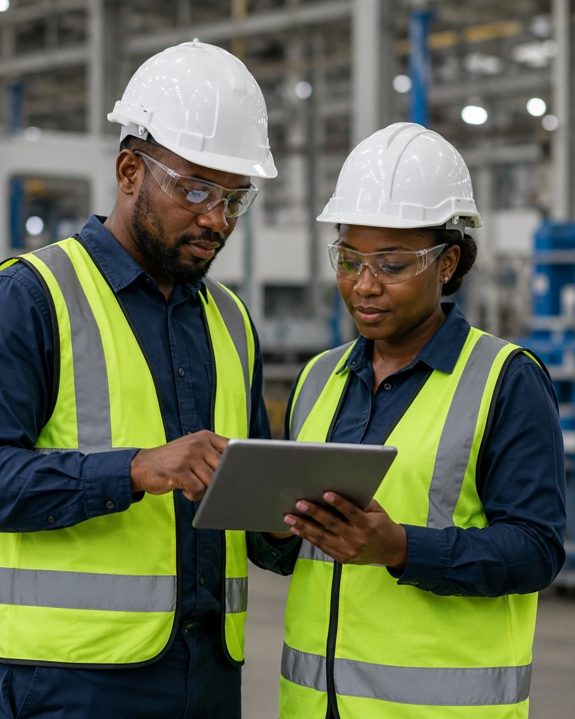 Industrial workers reviewing information on a tablet